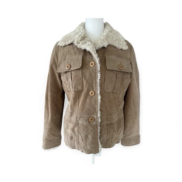 WILSON’S LEATHER Women’s M Beige Suede Faux Shearling Penny Lane Jacket - Picture 2 of 14